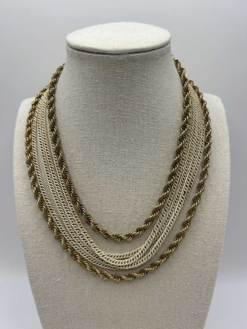 Vintage Monet Multi Strand Necklace Gold Tone Cream Chain Draped Statement Metal